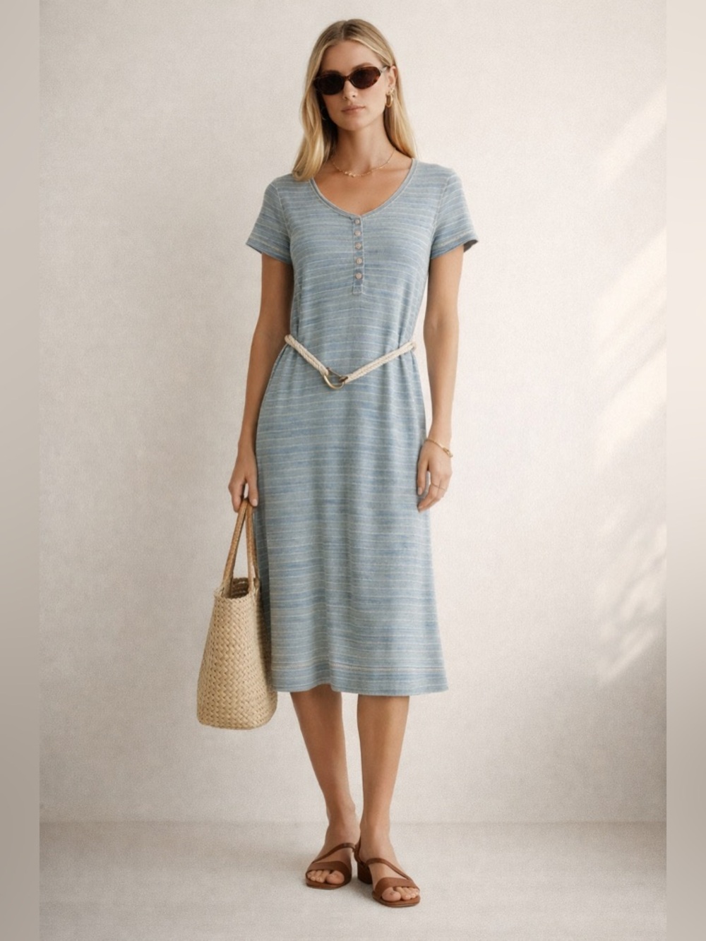 Lauren Ralph Lauren Blue Striped Cotton Dress Rope Belt Medium Coastal Preppy